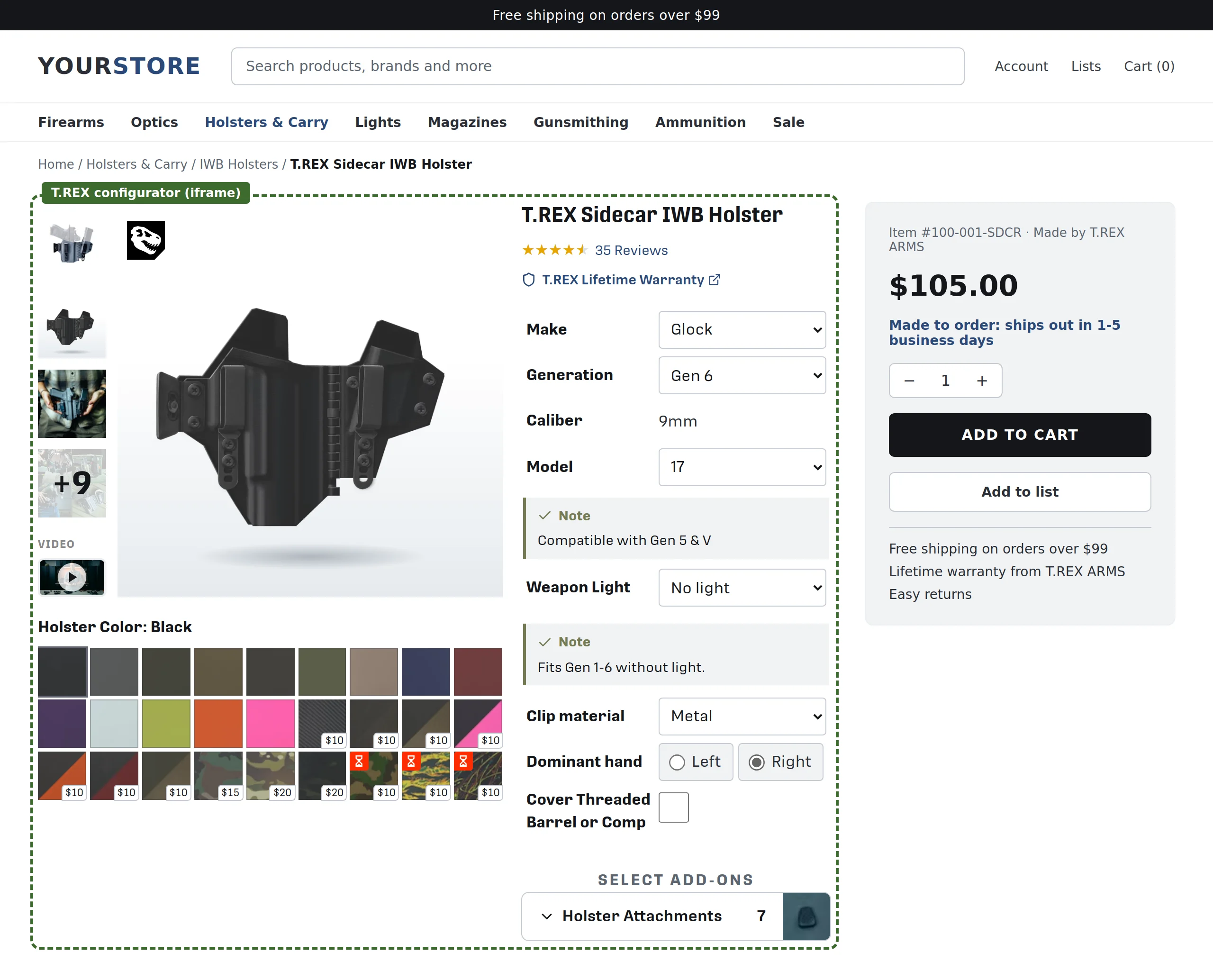 A merchant's product page, with the T.REX configurator in it
